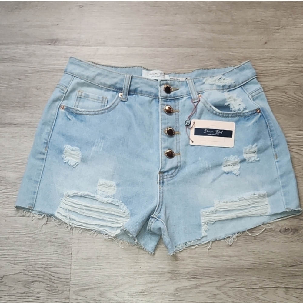 Distressed Light Blue High-Rise Denim Shorts with Button Front